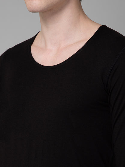 Solid Round Neck Full Sleeves Black Thermal Top For Men