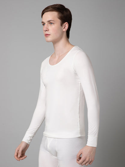 Solid Round Neck Full Sleeves Off White Thermal Top For Men