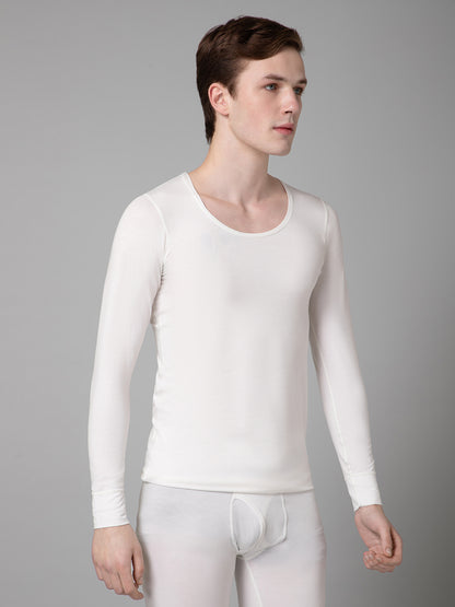 Solid Round Neck Full Sleeves Off White Thermal Top For Men