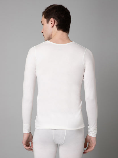 Solid Round Neck Full Sleeves Off White Thermal Top For Men