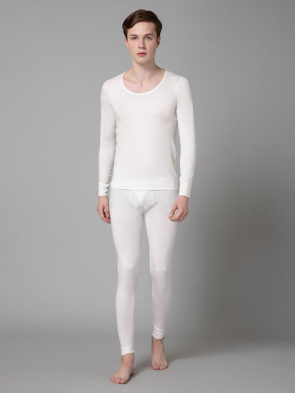 Solid Round Neck Full Sleeves Off White Thermal Top For Men