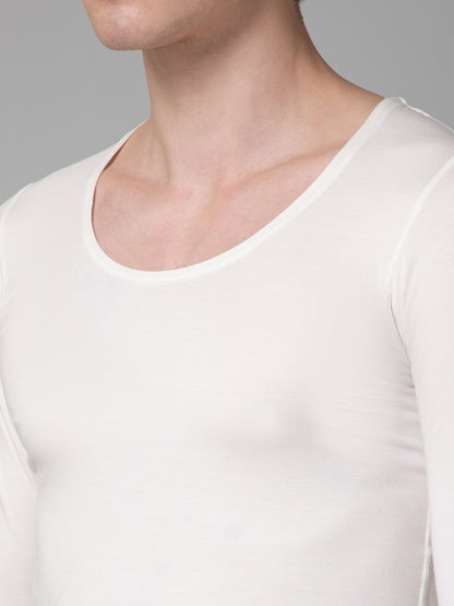 Solid Round Neck Full Sleeves Off White Thermal Top For Men