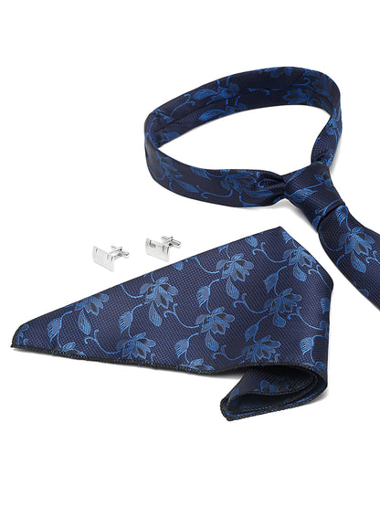 Men's Navy Blue Fashion Floral Pattern Tie Set