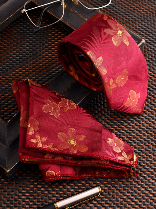 Cantabil Men's Maroon Printed Tie With Pocket Square