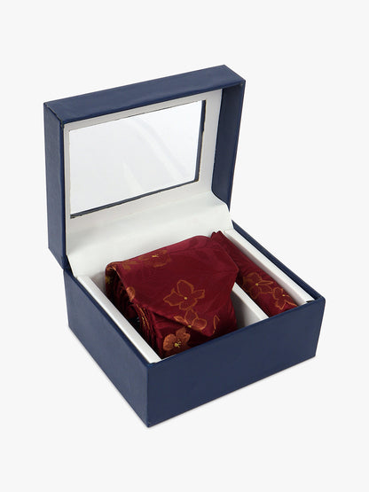 Cantabil Men's Maroon Printed Tie With Pocket Square