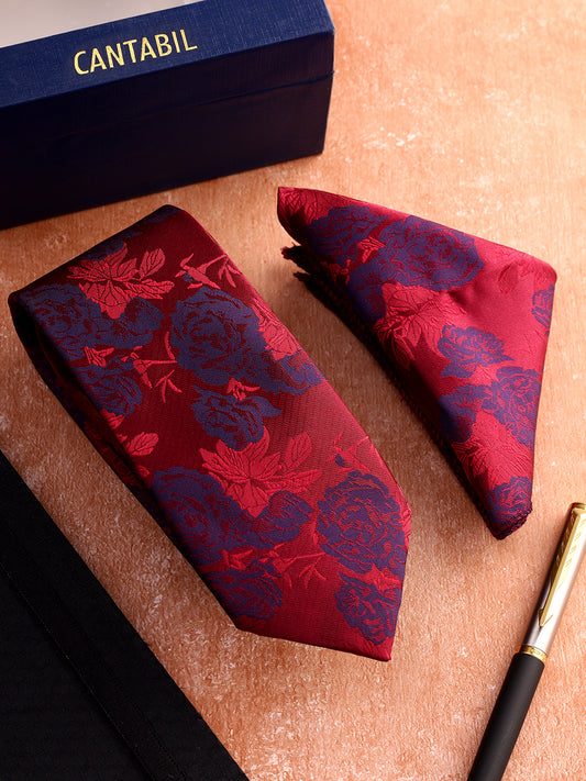 Men Maroon Printed Tie With Pocket Square