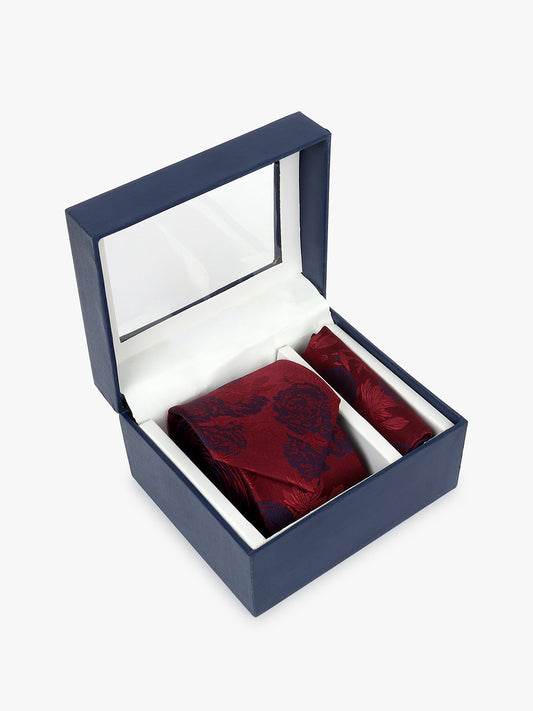 Men Maroon Printed Tie With Pocket Square