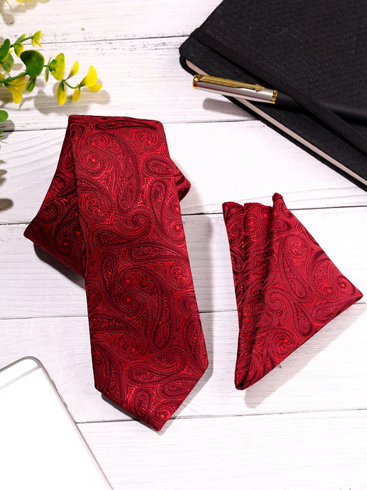 Men Maroon Printed Tie With Pocket Square