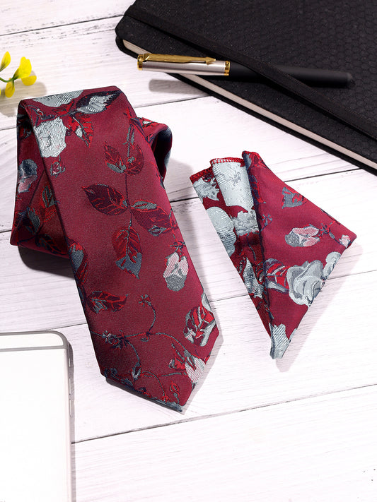 Men Maroon Printed Tie With Pocket Square
