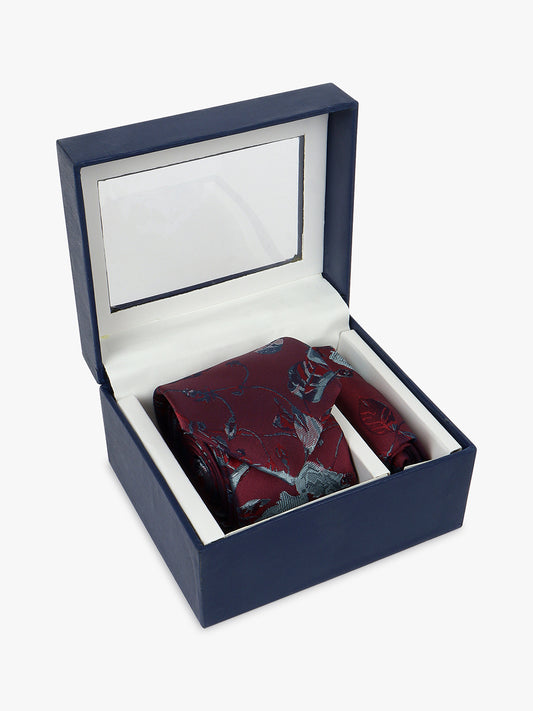 Men Maroon Printed Tie With Pocket Square