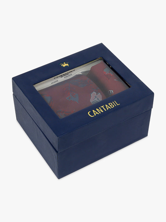 Men Maroon Printed Tie With Pocket Square