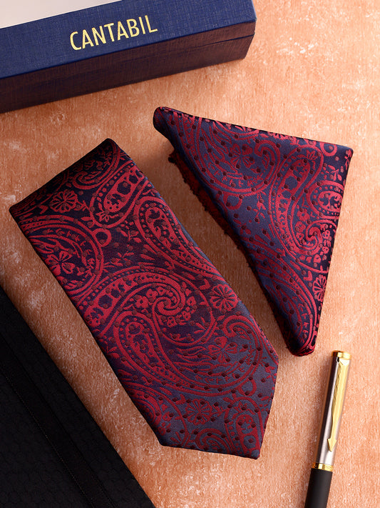 Men Maroon Printed Tie With Pocket Square