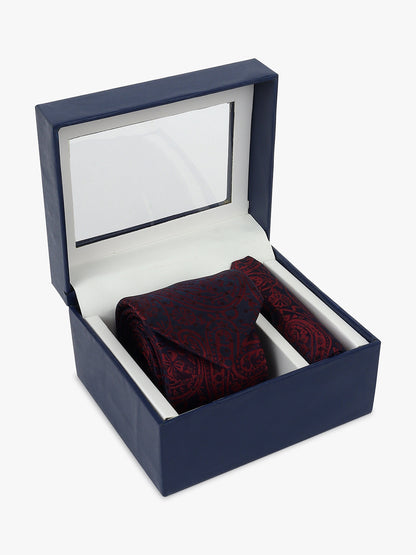 Men Maroon Printed Tie With Pocket Square