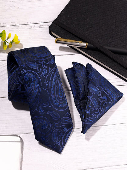 Men Navy Blue Printed Tie With Pocket Square