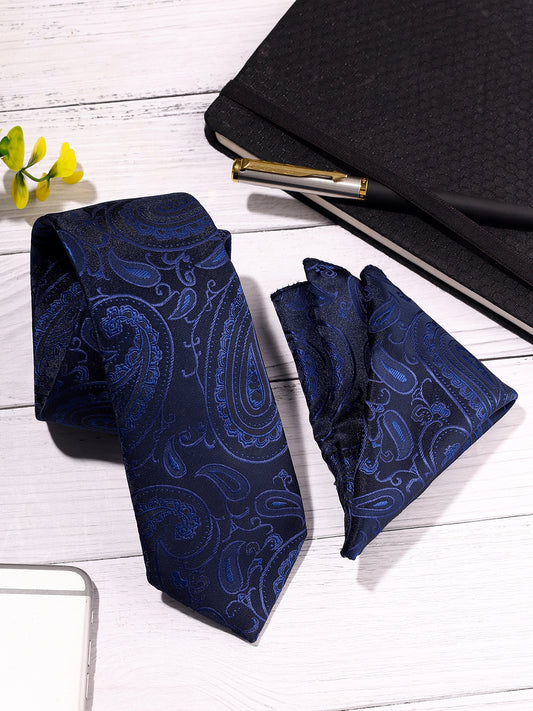 Men Navy Blue Printed Tie With Pocket Square