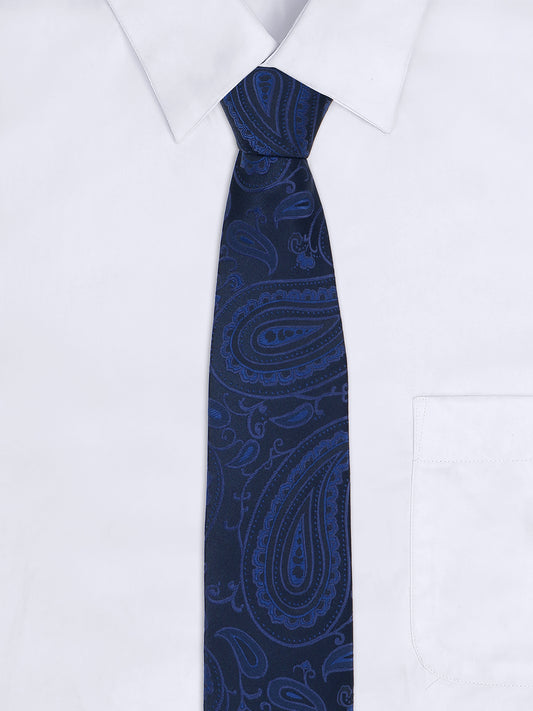 Men Navy Blue Printed Tie With Pocket Square