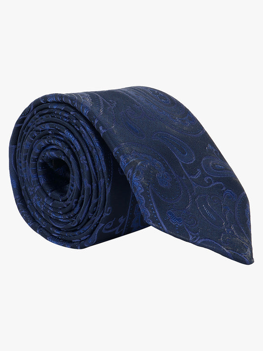 Men Navy Blue Printed Tie With Pocket Square