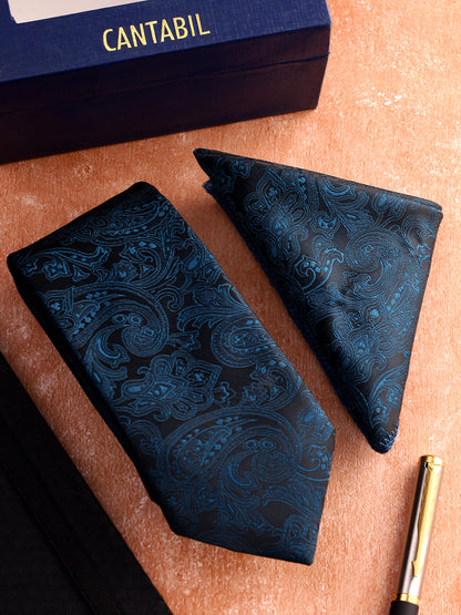 Men Teal Blue Printed Tie With Pocket Square