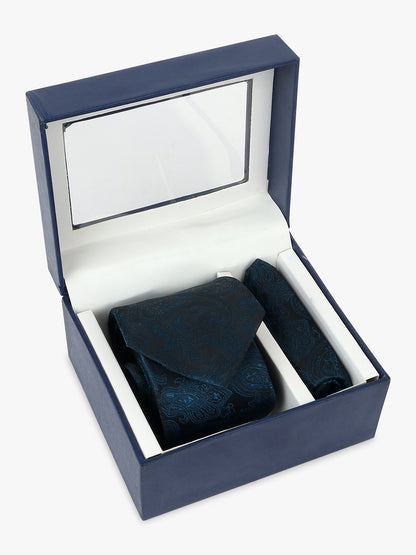 Men Teal Blue Printed Tie With Pocket Square