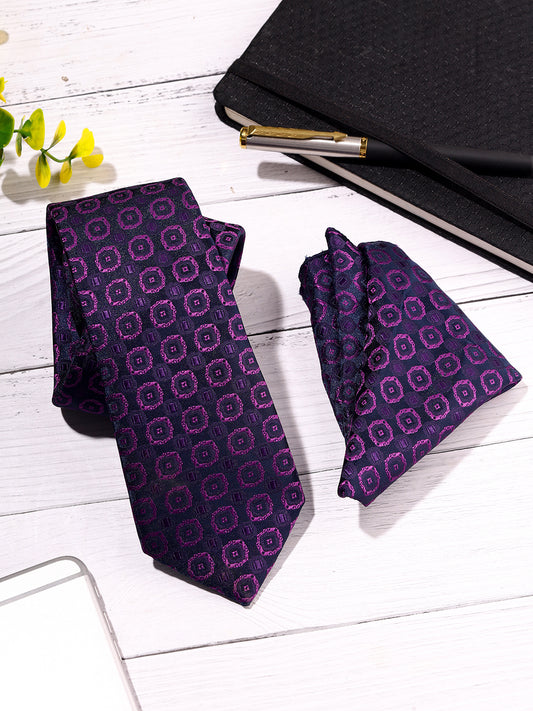Men Purple Printed Tie With Pocket Square