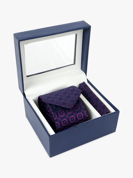 Men Purple Printed Tie With Pocket Square