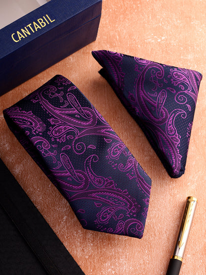 Men Purple Printed Tie With Pocket Square