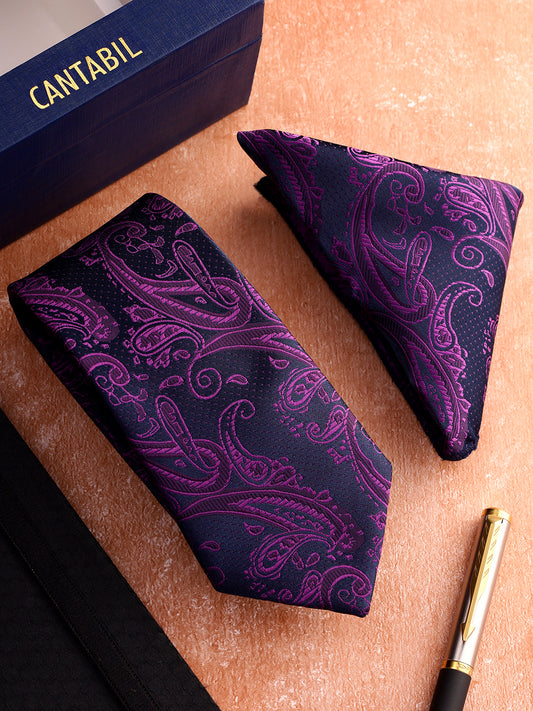 Men Purple Printed Tie With Pocket Square
