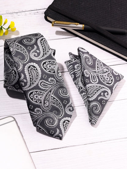 Men Grey Printed Tie With Pocket Square
