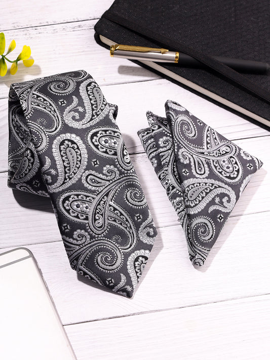 Men Grey Printed Tie With Pocket Square