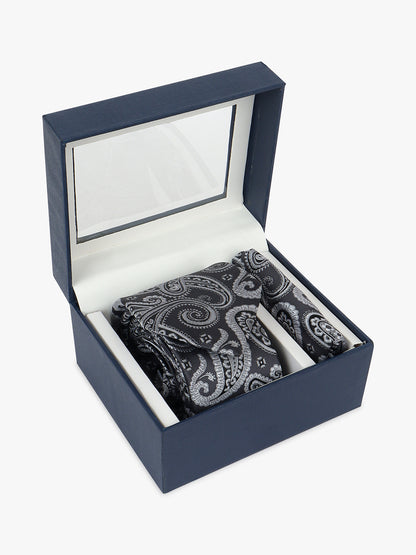 Men Grey Printed Tie With Pocket Square