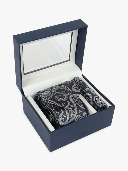 Men Grey Printed Tie With Pocket Square