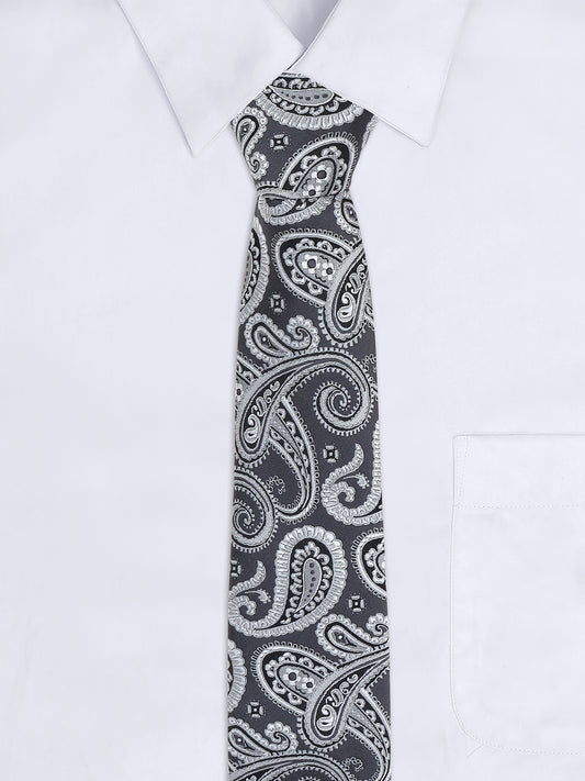 Men Grey Printed Tie With Pocket Square