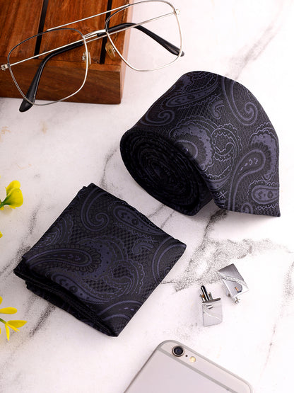 Men Black Printed Tie With Pocket Square and Cufflinks