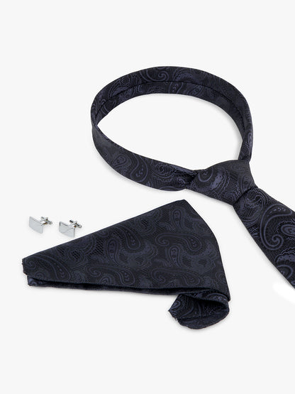 Men Black Printed Tie With Pocket Square and Cufflinks