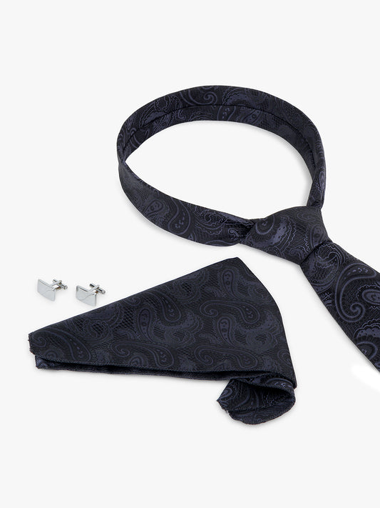 Men Black Printed Tie With Pocket Square and Cufflinks