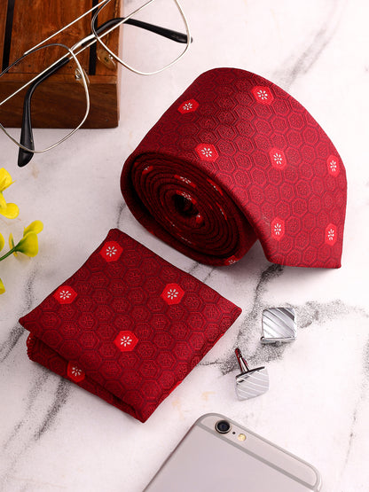 Men Maroon Printed Tie With Pocket Square and Cufflinks