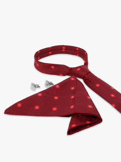 Men Maroon Printed Tie With Pocket Square and Cufflinks