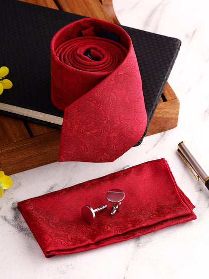 Men Maroon Printed Tie With Pocket Square and Cufflinks