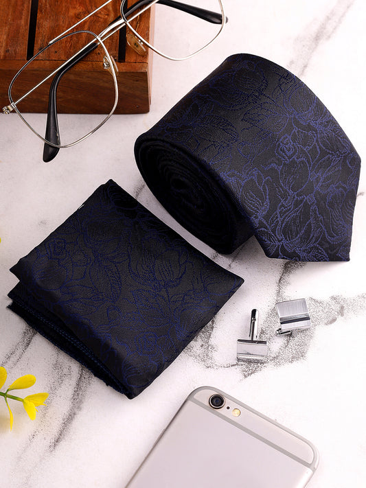 Men Navy Blue Printed Tie With Pocket Square and Cufflinks