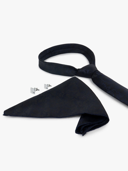 Men Navy Blue Printed Tie With Pocket Square and Cufflinks