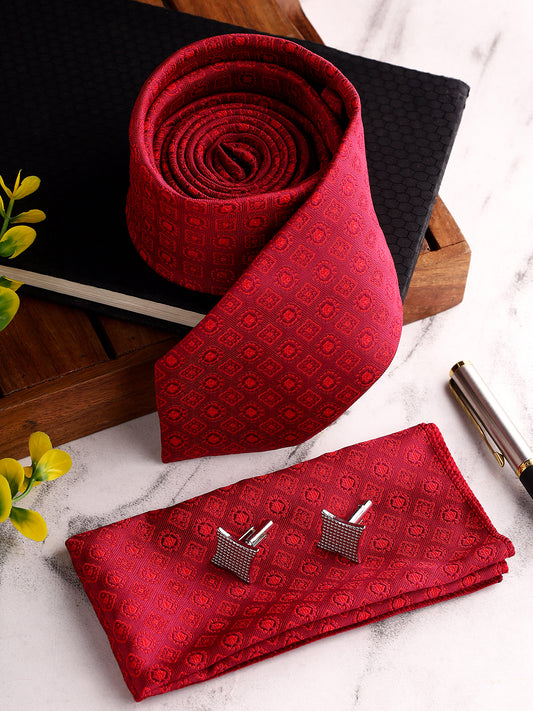 Men Maroon Printed Tie With Pocket Square and Cufflinks
