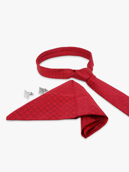 Men Maroon Printed Tie With Pocket Square and Cufflinks