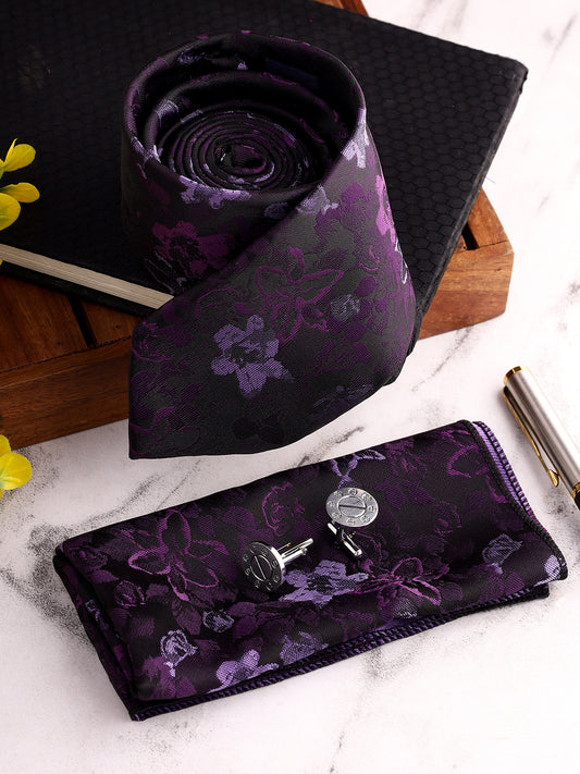 Men Purple Printed Tie With Pocket Square and Cufflinks