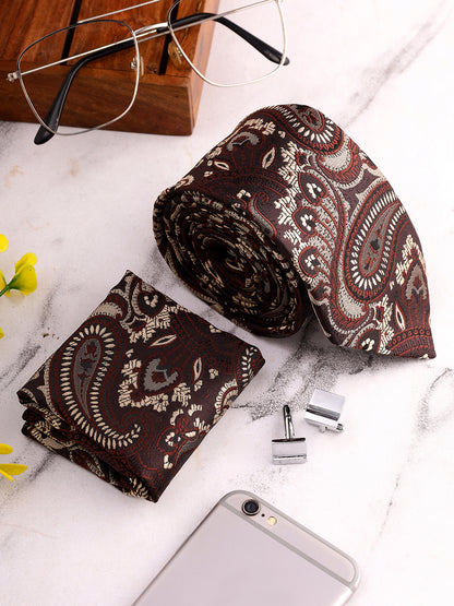 Men Brown Printed Tie With Pocket Square and Cufflinks