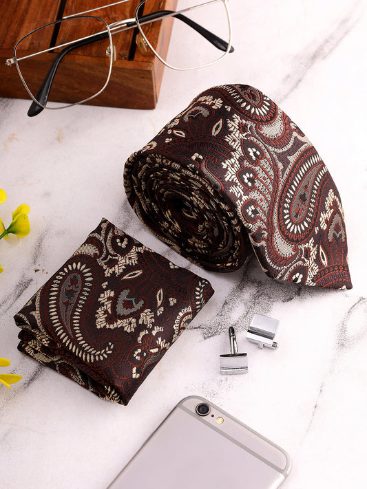 Men Brown Printed Tie With Pocket Square and Cufflinks
