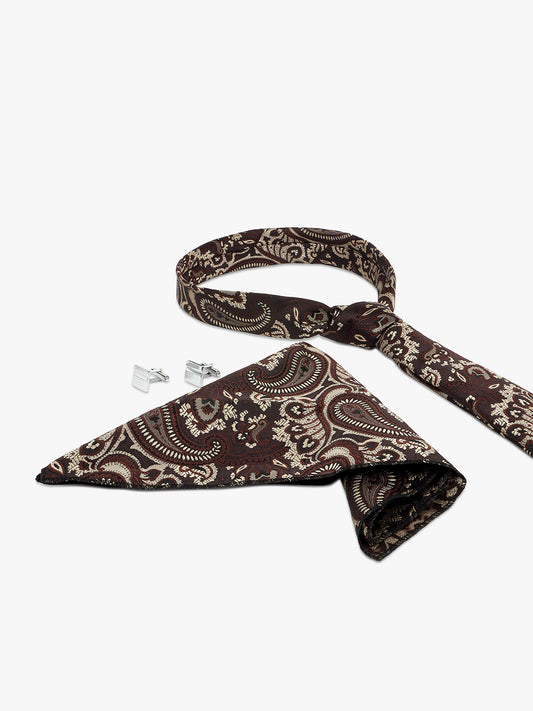 Men Brown Printed Tie With Pocket Square and Cufflinks