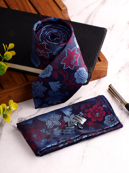 Men Navy Blue Printed Tie With Pocket Square and Cufflinks