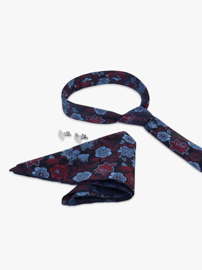 Men Navy Blue Printed Tie With Pocket Square and Cufflinks