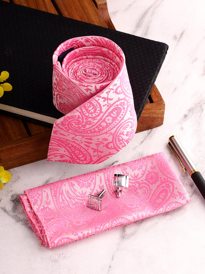 Men Pink Printed Tie With Pocket Square and Cufflinks