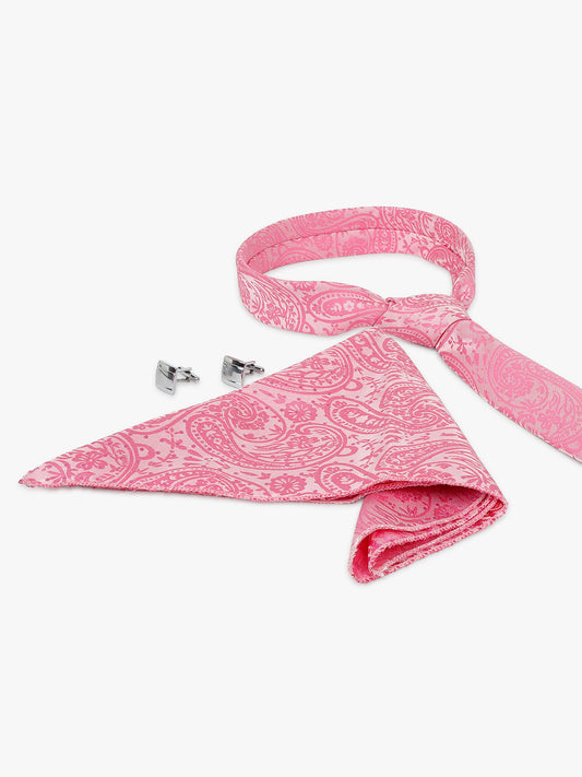 Men Pink Printed Tie With Pocket Square and Cufflinks